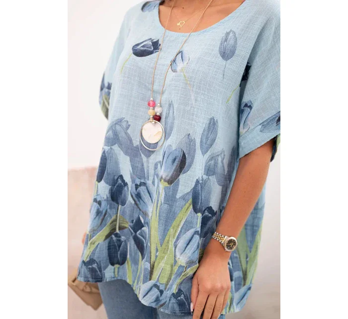 Dámske bavlnené tričko s kvetinovým vzorom modré Dámske bavlnené tričko s kvetinovým vzorom modré