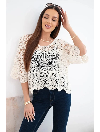 Dámský bavlněný prolamovaný svetr s krátkým rukávem a ozdobným vzorem béžový