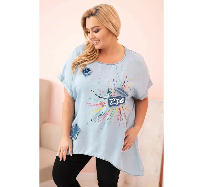 Dámská halenka Plus Size s nášivkami světlý denim