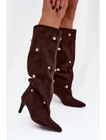 Vklouznuté dámské kozačky na jehlovém podpatku se zlatými ozdobami hnědé Thaliane