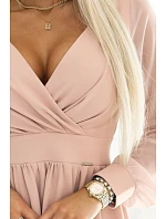 Elegantní midi šaty s obálkovým výstřihem a rukávy béžové model 22208823 - numoco Elegantní midi šaty s obálkovým výstřihem a rukávy béžové model 22208823 - numoco