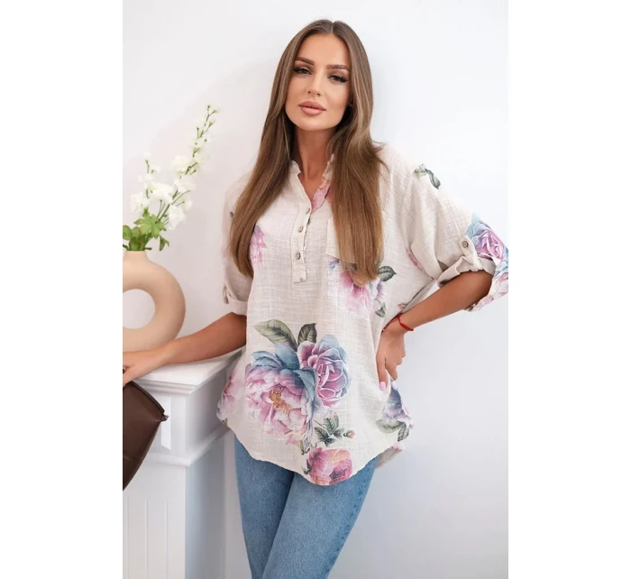 Dámská bavlněná halenka s květinovým vzorem béžový