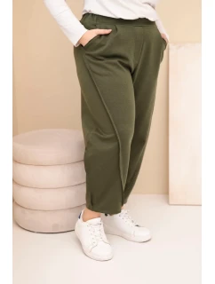 Dámske bavlnené nohavice s vysokým pásom v khaki farbe