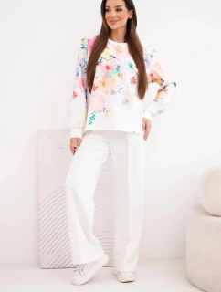 Dámska súprava z viskózy s kvetinovým vzorom a širokými nohavicami biela