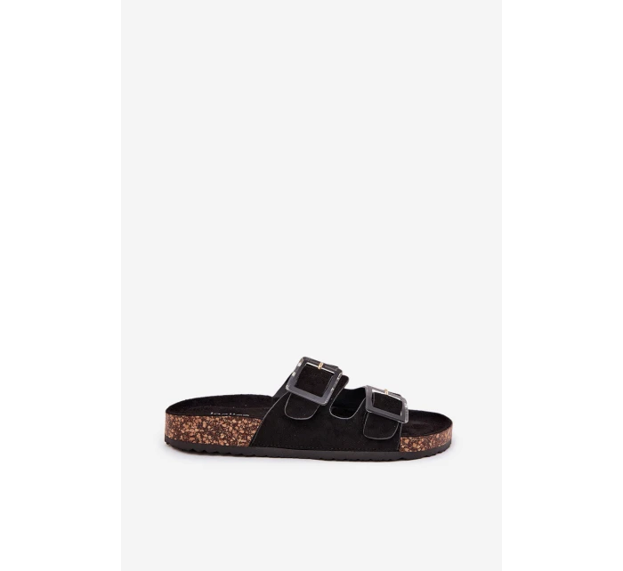 Klapki Damskie Z Klamrami Na Korkowej Podeszwie Czarne Sercele Klapki Damskie Z Klamrami Na Korkowej Podeszwie Czarne Sercele