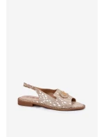 Kožené Sandály S Dekorací Na Plochém Podpatku model 21696779 Zlaté - S.Barski Kožené Sandály S Dekorací Na Plochém Podpatku model 21696779 Zlaté - S.Barski