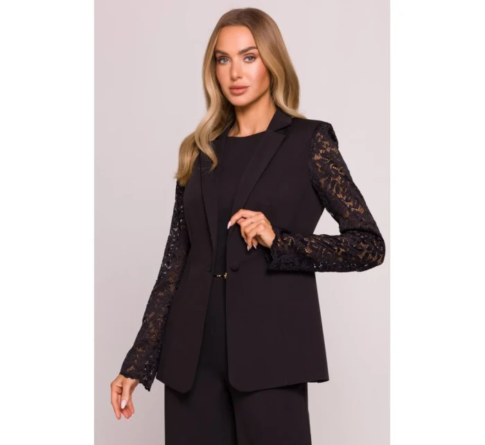 M865 Sako s čipkovanými panelmi a jedným gombíkom - čierne M865 Sako s čipkovanými panelmi a jedným gombíkom - čierne