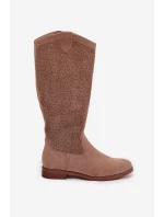 Dámské kozačky s krajkovým vzorem na plochém podpatku model 21998027 Béžové - S.Barski