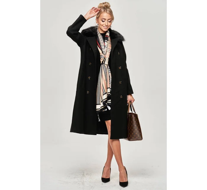 Dlhý čierny kabát s kožušinovým golierom (20201202)