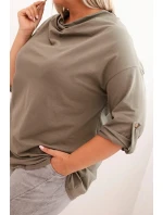 Dámská blůza Plus Size s bavlnou volného střihu s vodním výstřihem khaki Dámská blůza Plus Size s bavlnou volného střihu s vodním výstřihem khaki
