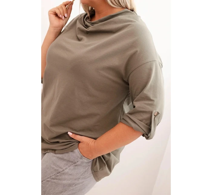 Dámská blůza Plus Size s bavlnou volného střihu s vodním výstřihem khaki Dámská blůza Plus Size s bavlnou volného střihu s vodním výstřihem khaki