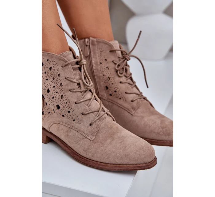 Sznurowane Botki Z Ażurowym Wzorem S.Barski HY51-136 Beżowe