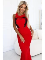 617-3 Dlhé šaty s čiernou čipkou a sieťovinou - ČERVENÉ