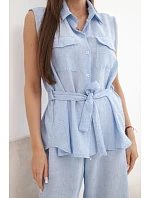 Dámska súprava s uzlovou blúzkou a širokými nohavicami modrej farby