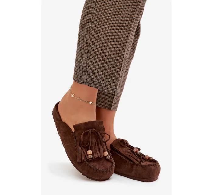 Dámské nazouváky Mule s třásněmi a korálky Čokoládové Belissa