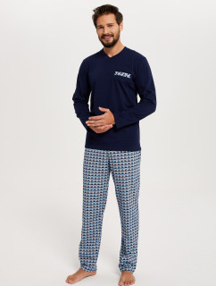Pánske pyžamo Jaromír, dlhý rukáv, dlhé nohavice - tmavomodré/potlač