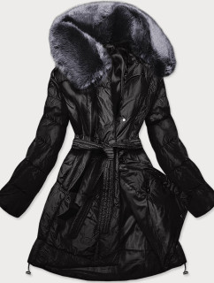 Čierny dámsky zimný kabát s kožušinou (008)
