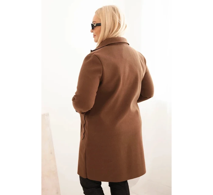 Dámsky elegantný kabát s golierom a veľkými vreckami čokoládová