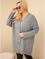 Dámský kardigan Plus Size s knoflíky a copánkovým vzorem šedý Dámský kardigan Plus Size s knoflíky a copánkovým vzorem šedý