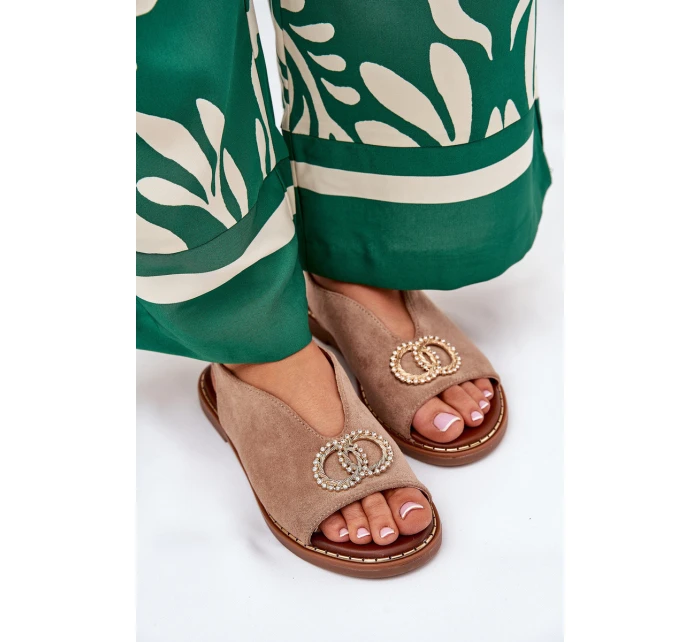 Sandały Damskie Z Ozdobą Na Płaskim Obcasie Eko Zamszowe Ciemnobeżowe Ralisses