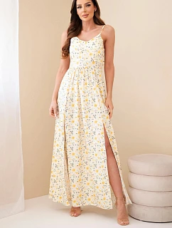 Dámske maxi šaty s kvetinovým vzorom na ramienkach so zaväzovaním na chrbte žltej farby