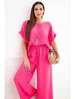 Dámska súprava z viskózy: blúzka s krátkym rukávom a široké nohavice ružovej farby