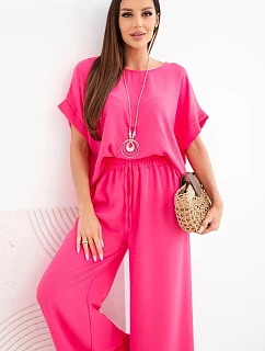 Dámska súprava z viskózy: blúzka s krátkym rukávom a široké nohavice ružovej farby