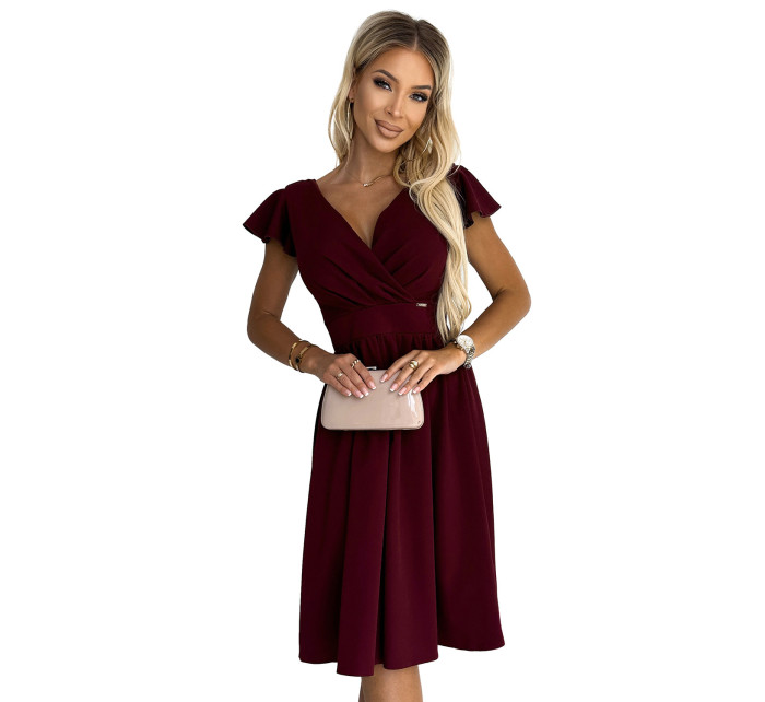 MATILDE - Dámske šaty vo vínovej bordovej farbe s výstrihom a krátkymi rukávmi 425-4