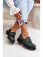 Zazoo 20174 Skórzane Eleganckie Półbuty Damskie Na Płaskim Obcasie Ciemnozielone