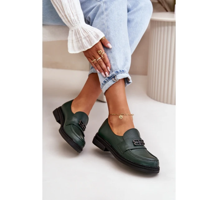 Zazoo 20174 Skórzane Eleganckie Półbuty Damskie Na Płaskim Obcasie Ciemnozielone