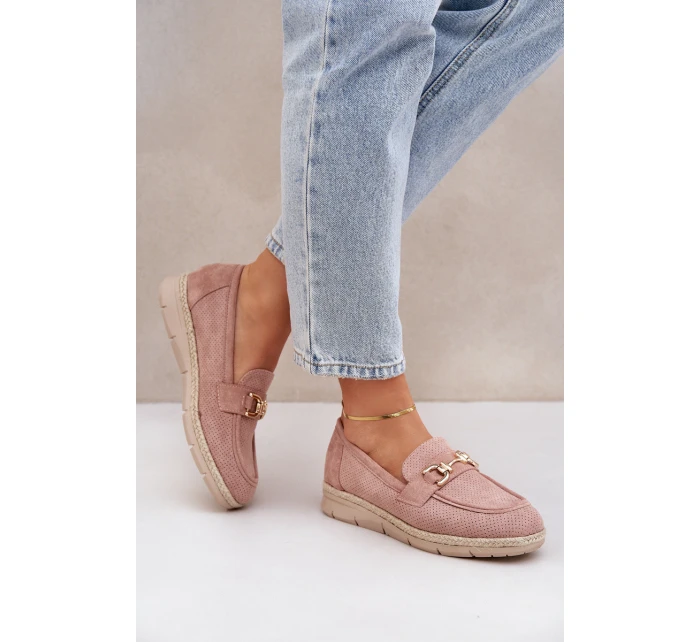 Ażurowe Mokasyny Ze Złotym Detalem I Jutową Plecionką Różowe Lainer