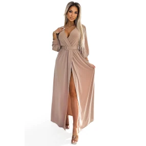 Dlouhé béžové dámské šaty se širokým opaskem a výstřihem model 21876183 - numoco basic