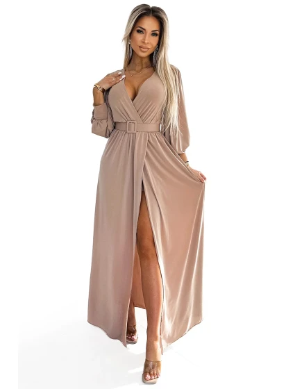 Dlouhé béžové dámské šaty se širokým opaskem a výstřihem model 22401901 - numoco basic Dlouhé béžové dámské šaty se širokým opaskem a výstřihem model 22401901 - numoco basic