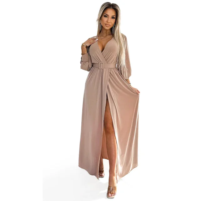 536-2 FIORELLA Dlhé šaty so širokým pásom a výstrihom - BEACH