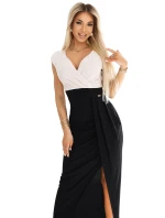 451-3 Trblietavé šaty s krátkymi rukávmi, výstrihom a rozparkom na nohách - čierno-béžové s trblietkami