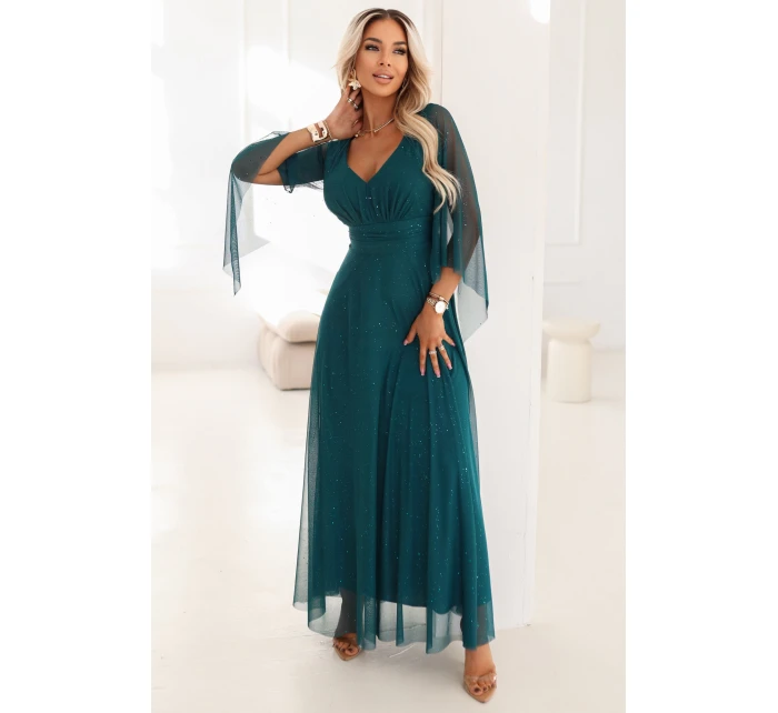 Dlouhé lehké třpytivé šaty s výstřihem a rukávy zelené model 21802212 - numoco basic Dlouhé lehké třpytivé šaty s výstřihem a rukávy zelené model 21802212 - numoco basic
