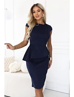 model 22349685 Elegantní semišové midi šaty s volánkovým pasem – tmavě modré - numoco model 22349685 Elegantní semišové midi šaty s volánkovým pasem – tmavě modré - numoco