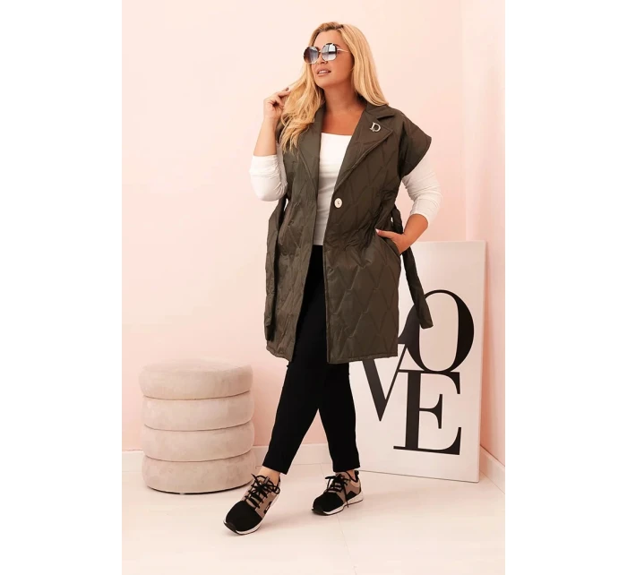 Dámská vesta Plus Size prošívaná s páskem a límcem khaki