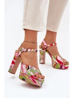 Wzorzyste Sandały Na Słupku I Platformie Różowo-Zielone Slaria Wzorzyste Sandały Na Słupku I Platformie Różowo-Zielone Slaria