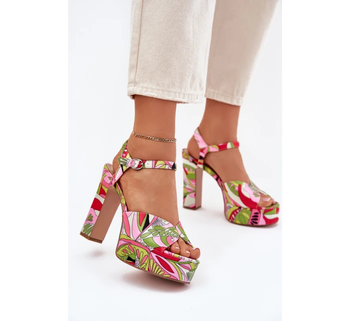 Wzorzyste Sandały Na Słupku I Platformie Różowo-Zielone Slaria Wzorzyste Sandały Na Słupku I Platformie Różowo-Zielone Slaria