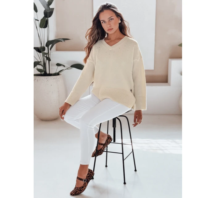 Dámský svetr s výstřihem do V ecru Dstreet model 21991002 - FashionStreet