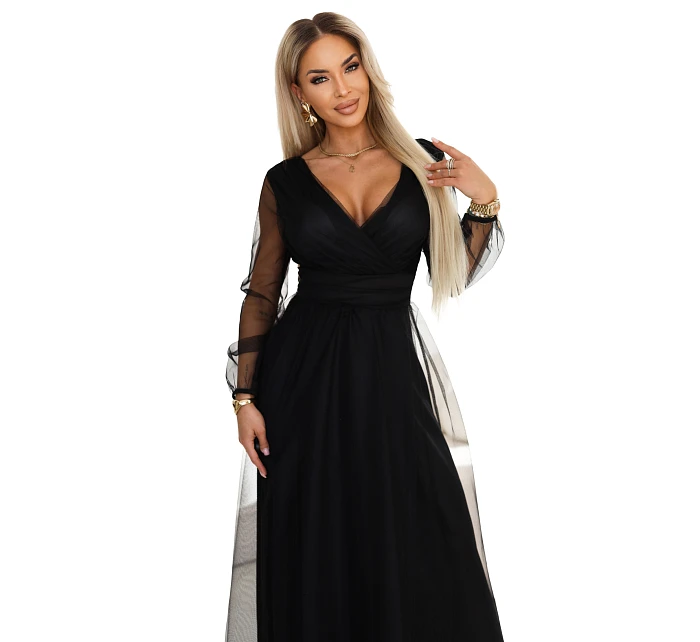 Dlouhé maxi šaty s rukávy a obálkovým výstřihem černé model 22045481 - numoco basic Dlouhé maxi šaty s rukávy a obálkovým výstřihem černé model 22045481 - numoco basic