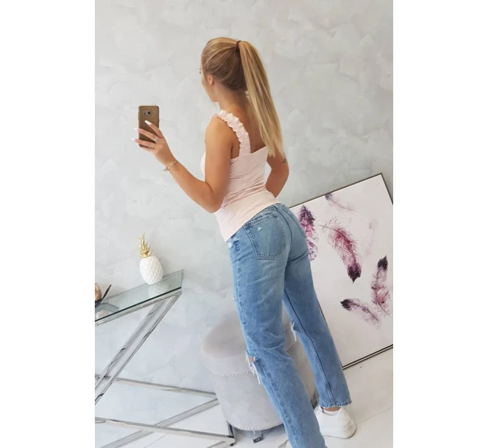 Blúzka bez ramienok s volánikmi, púdrovo ružová