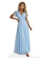 dlouhé třpytivé šaty s výstřihem a krátkými rukávy modré model 22017314 - numoco basic