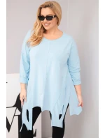 Dámská bavlněná blůza Plus Size s asymetrickým lemem a výřezy modrá