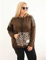 Dámska mikina Plus Size z viskózy s kapucňou a leopardovými vsadkami, hnedá Dámska mikina Plus Size z viskózy s kapucňou a leopardovými vsadkami, hnedá