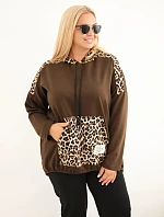 Dámska mikina Plus Size z viskózy s kapucňou a leopardovými vsadkami, hnedá
