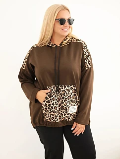 Dámska mikina Plus Size z viskózy s kapucňou a leopardovými vsadkami, hnedá