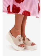 Klapki Na Platformie I Koturnie Z Ozdobą Beżowe Tanonea Klapki Na Platformie I Koturnie Z Ozdobą Beżowe Tanonea