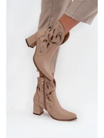 Skórzane Ażurowe Botki Damskie Na Słupku Zazoo 3647 Jasnobeżowe
